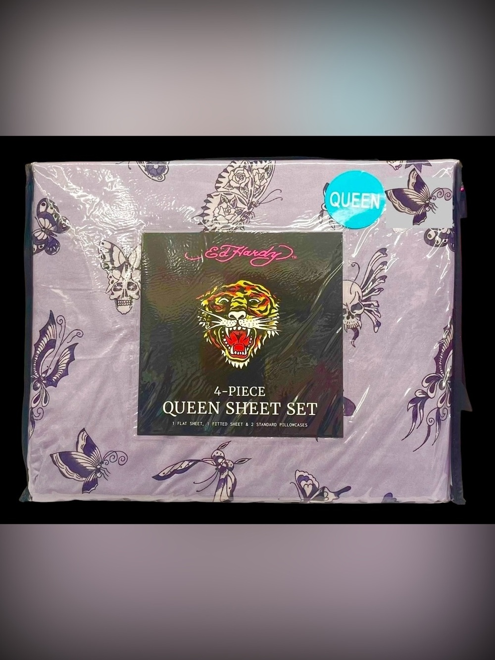 Ed Hardy Deep Pocket 4-pc Queen Sheet Set Butterfly Eyes Skulls Purple Black NWT